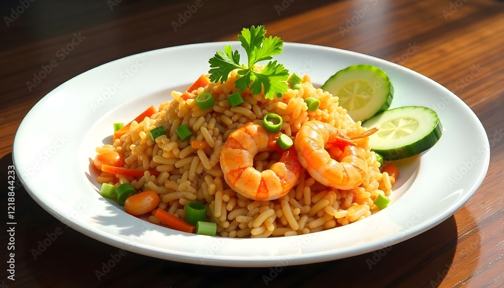 Steaming com chien with shrimp and green onions on plate Steaming com chien with shrimp and green onions on plate
