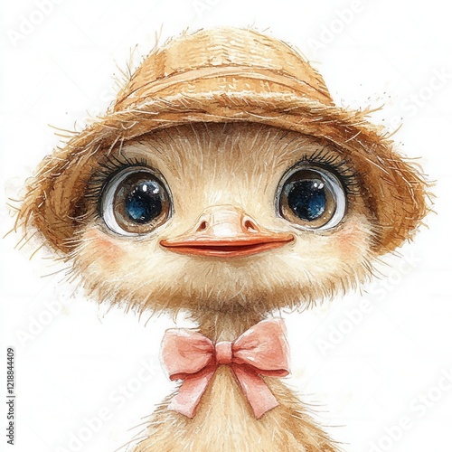 Adorable Ostrich Chick In Straw Hat And Bow photo