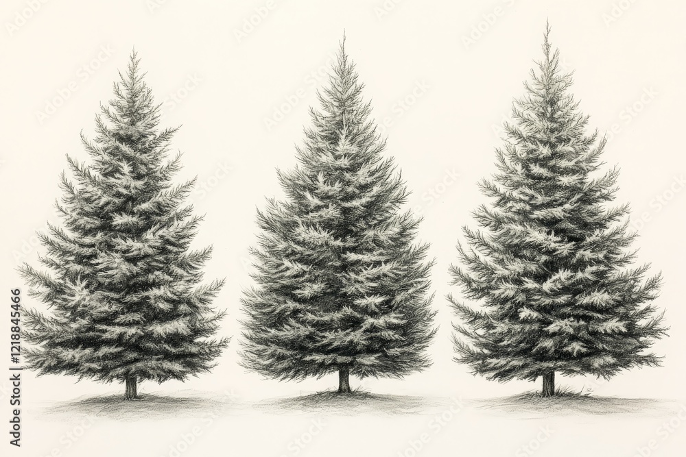 Obraz premium Evergreen trees displayed in a row with detailed shading and texture, creating a serene winter atmosphere