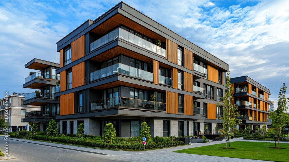 A sleek new condominium building with modern vehicle design elements, exemplifying urban luxury. A sleek new condominium building with modern vehicle design elements, exemplifying urban luxury.