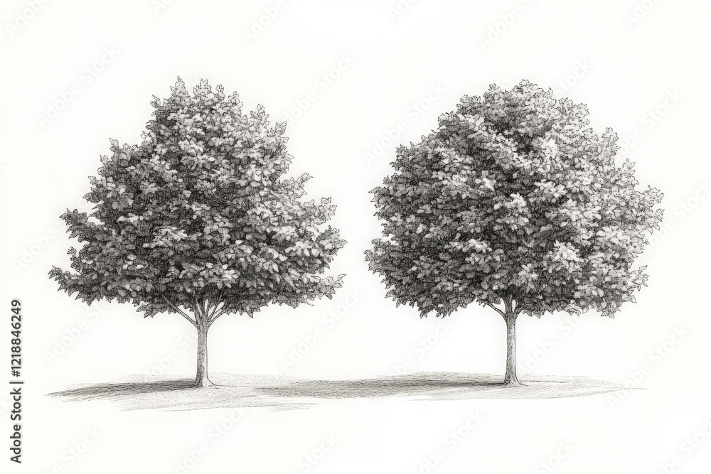 Fototapeta premium Two detailed sketch illustrations of symmetrical trees with dense foliage against a neutral background