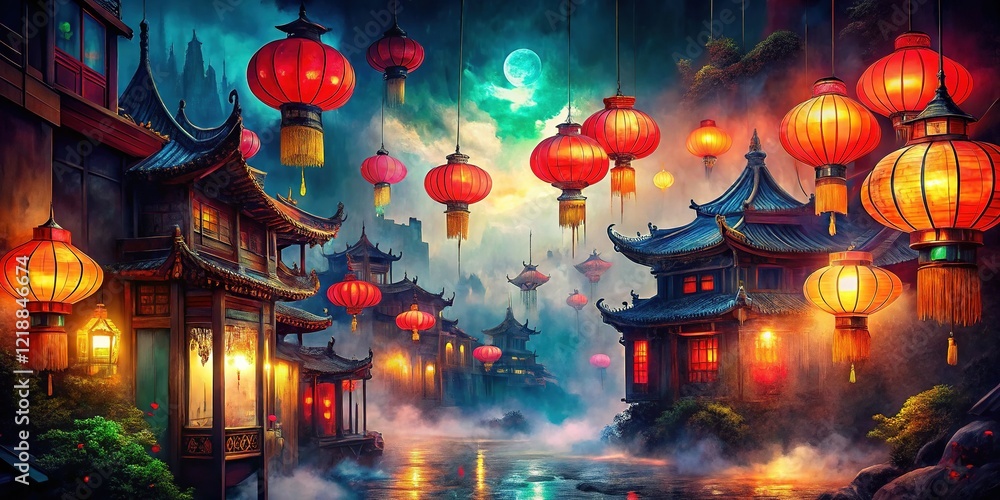 Abstract Chinese Night Landscape, Generative AI Art, Vibrant Colors, Digital Painting Abstract Chinese Night Landscape, Generative AI Art, Vibrant Colors, Digital Painting