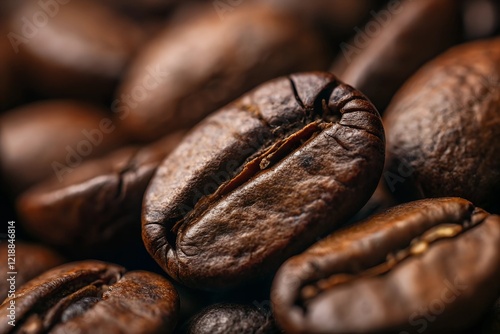 Intense Macro Shot: Roasted Coffee Beans, Rich Brown Hues, Textured Surface. Aromatic Brew Awaits!