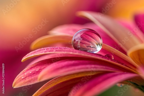 A glistening dewdrop, perfectly perched on a vibrant pink flower petal, reflects nature's beauty.