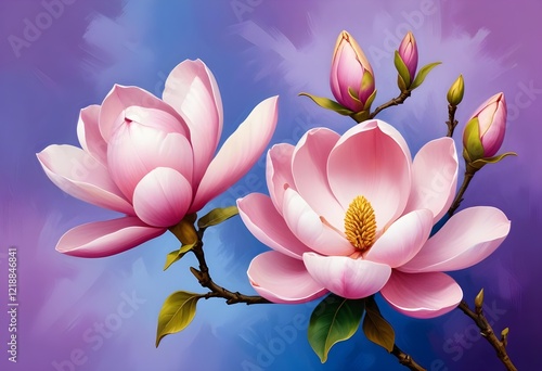 Stunning Oil Painting of Pink Magnolia Flowers: Creative, Bold Brushstrokes Capture the Delicate Beauty and Elegance of Blooming Petals in Rich, Expressive Detail