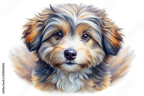 Adorable Longhaired Puppy Watercolor Painting -  Cute Dog Stock Photo