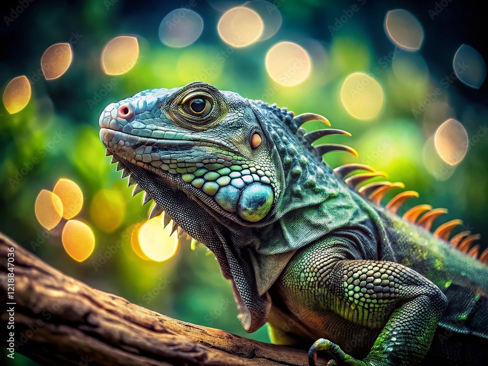 Fototapeta premium Black and White Iguana on Branch Bokeh Photography