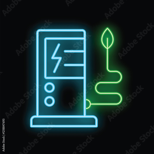 Neon green electric vehicle charging station icon glowing on dark background, representing eco friendly transportation