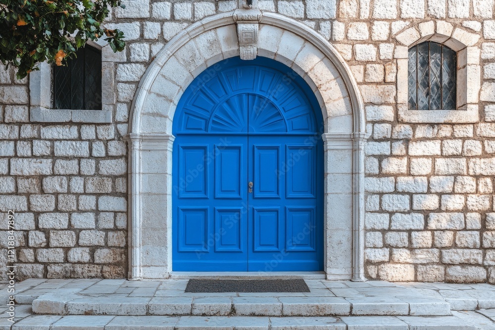 Vibrant blue door stands out against historic stone wall in a charming Mediterranean setting Vibrant blue door stands out against historic stone wall in a charming Mediterranean setting