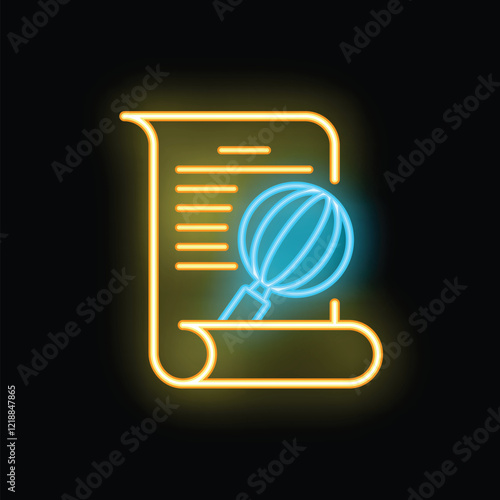 Bright neon icon of a magnifying glass with a whisk analyzing a recipe written on a paper scroll, symbolizing culinary research