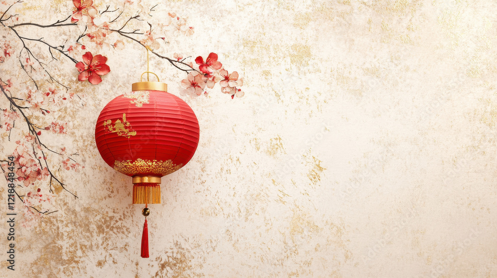 Elegant Chinese New Year greeting card with red and gold lantern and floral accents: Lunar New Year Elegant Chinese New Year greeting card with red and gold lantern and floral accents: Lunar New Year