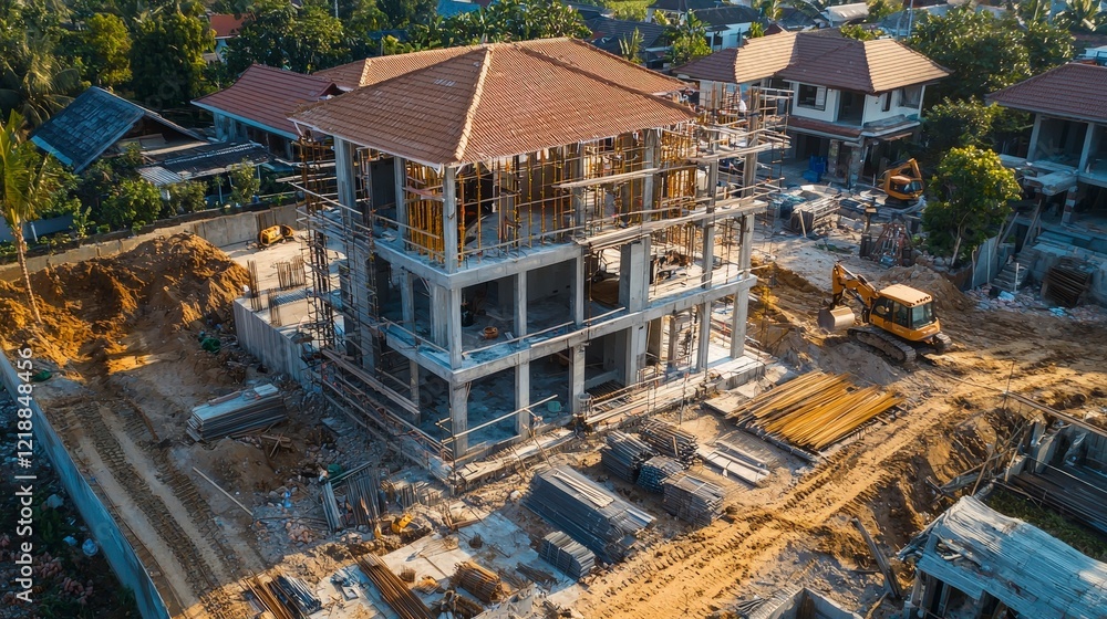 Fototapeta premium Modern Building Construction Site with Scaffolding and Machinery