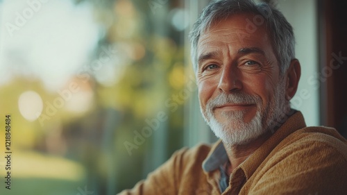 Retired man enjoying a moment of contemplation while sitting by a window in a cozy, sunlit space surrounded by nature in the early evening
