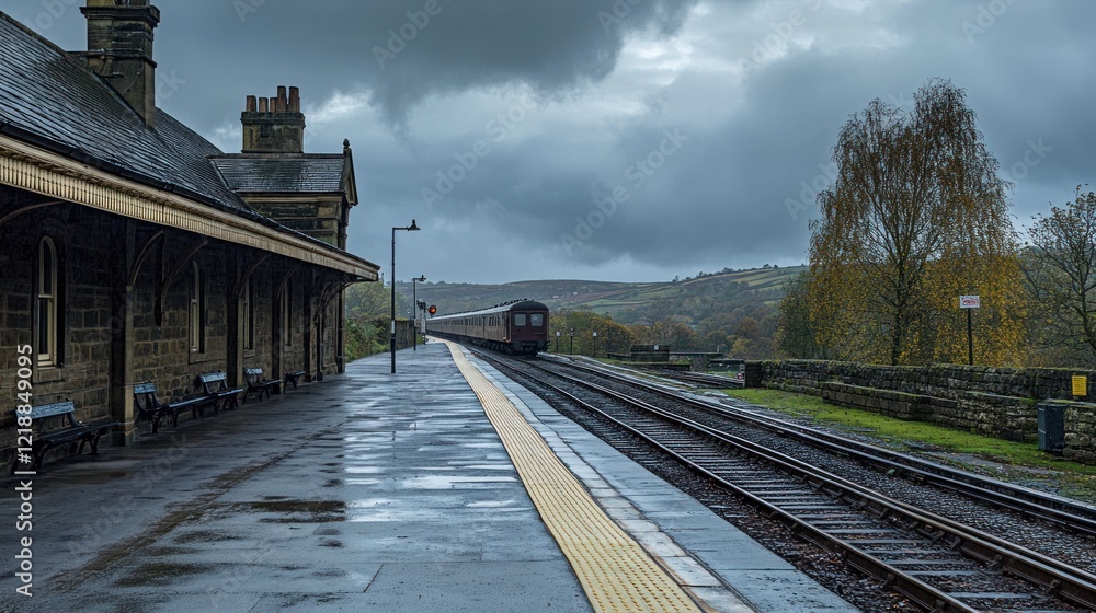 Fototapeta premium Train Departing from a Quaint Station on a Rainy Day