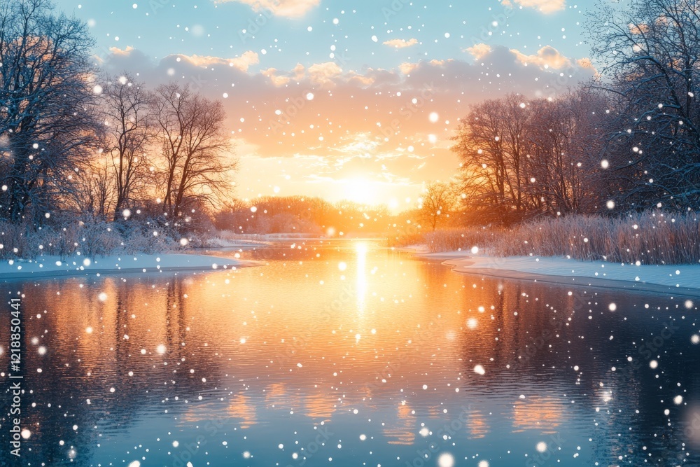 Fototapeta premium Serene winter sunset over a snowy river with falling snowflakes in a tranquil landscape