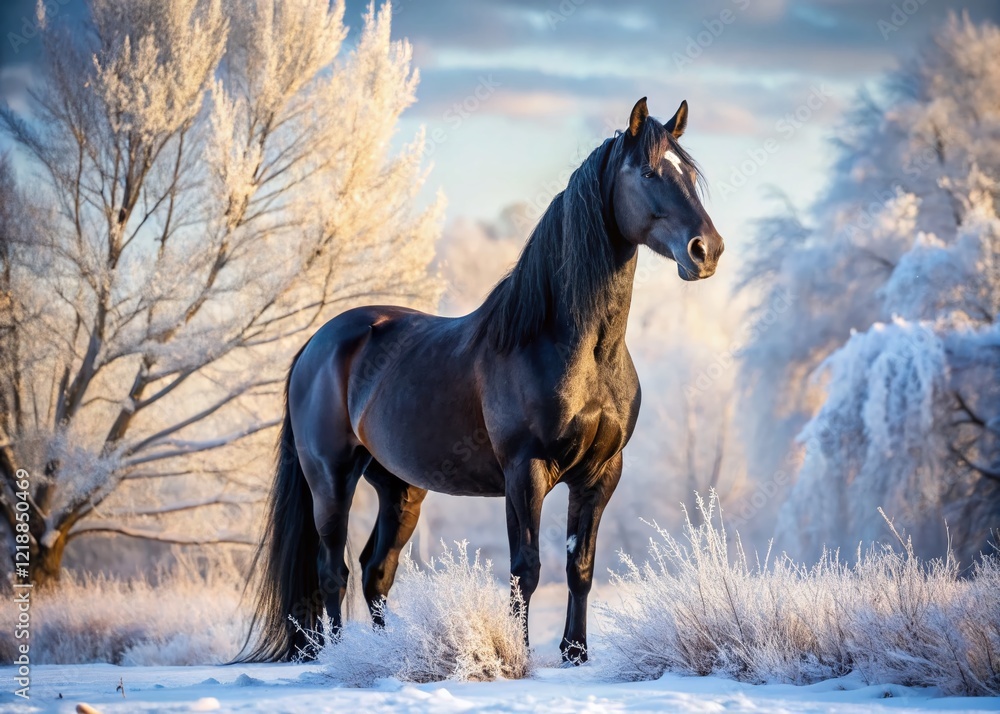 Black Lusitano Horse in Winter Field - AI Landscape Photography Black Lusitano Horse in Winter Field - AI Landscape Photography