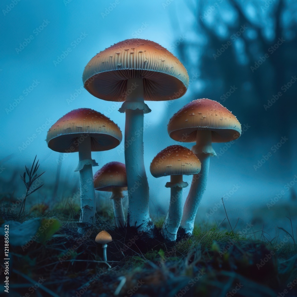 Fototapeta premium Five mushrooms are on the ground