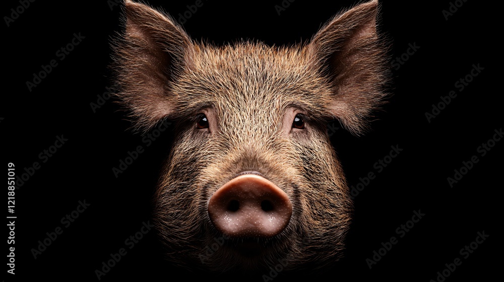 Wild boar portrait, dark background, farm animal Wild boar portrait, dark background, farm animal