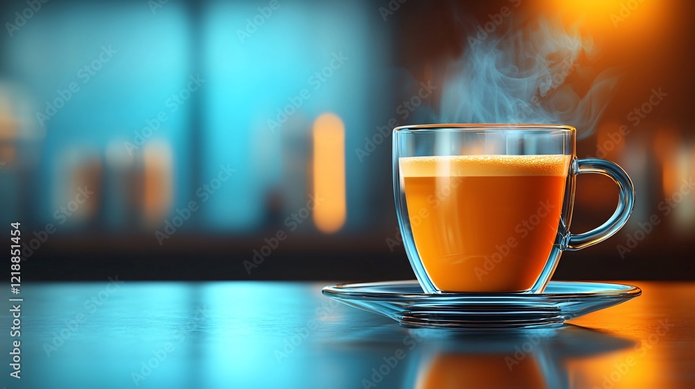 Steaming coffee cup on bar, cafe background Steaming coffee cup on bar, cafe background