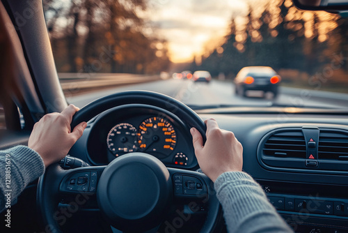 Hands of car driver on steering wheel while driving on the road trip, enjoying sunset landscape ahead photo