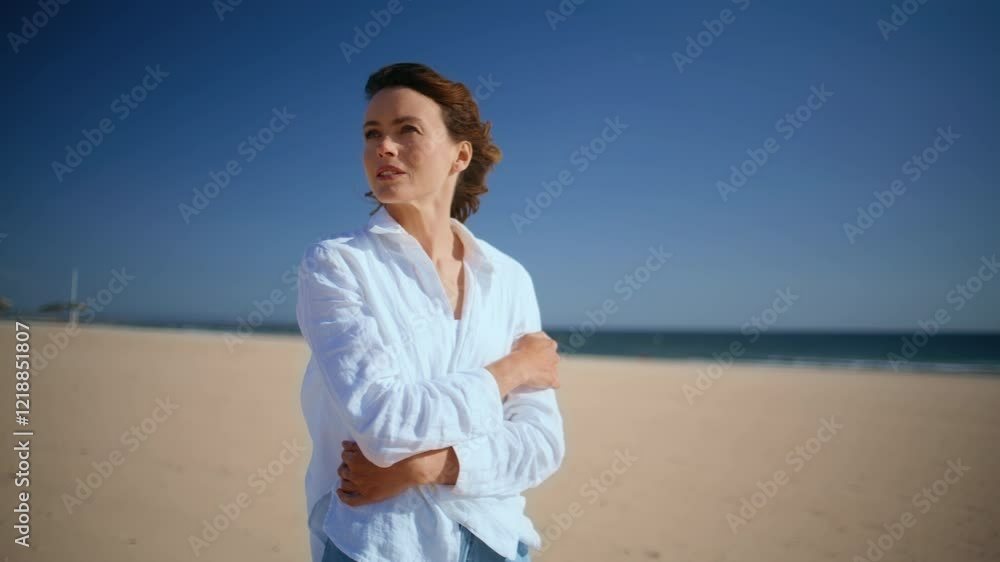 Romantic lady standing beach contemplating beautiful coastal landscape closeup. Romantic lady standing beach contemplating beautiful coastal landscape closeup.