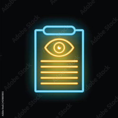 Neon icon of a clipboard featuring an eye at the top, symbolizing a witness statement
