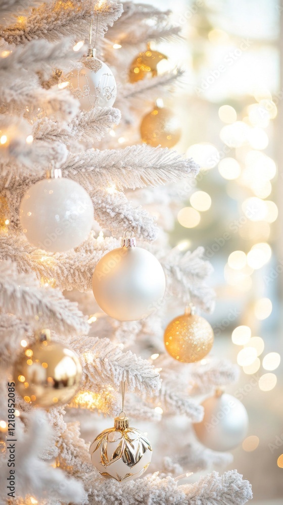 White Christmas Tree Beautifully Decorated With Sparkling Gold Ornaments White Christmas Tree Beautifully Decorated With Sparkling Gold Ornaments