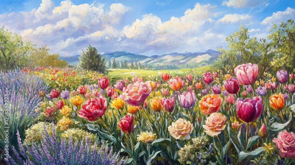 Vibrant Spring Landscape: A Serene Garden of Tulips and Lavender under a Sunny Sky