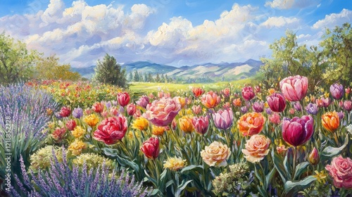 Obraz na płótnie Vibrant Spring Landscape: A Serene Garden of Tulips and Lavender under a Sunny Sky w salonie