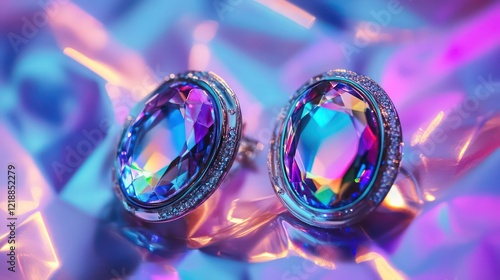 Wallpaper Mural Vibrant Rainbow Gemstone Jewelry - Close-Up of Oval Crystal Earrings with Neon Light Reflection Torontodigital.ca