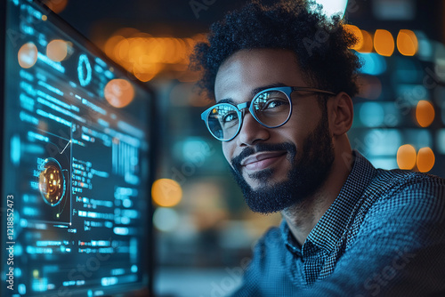 Profile of a young man with eye glasses, working on digital code lines on a monitor screen. Software Developer Working on Innovative e-Commerce App using AI, Big Data