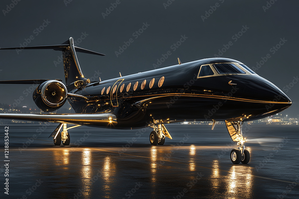 Fototapeta premium Luxurious black and gold private jet airplane parked at the airport at night. Exclusive traveling for VIP`s, millionaires and billionaires. Opulent lifesty