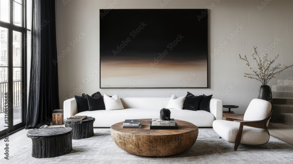 Obraz premium Serene Modern Living Room: A minimalist living room features a large abstract painting, a plush white sofa, and stylish wooden coffee table, creating a calm and sophisticated atmosphere. 