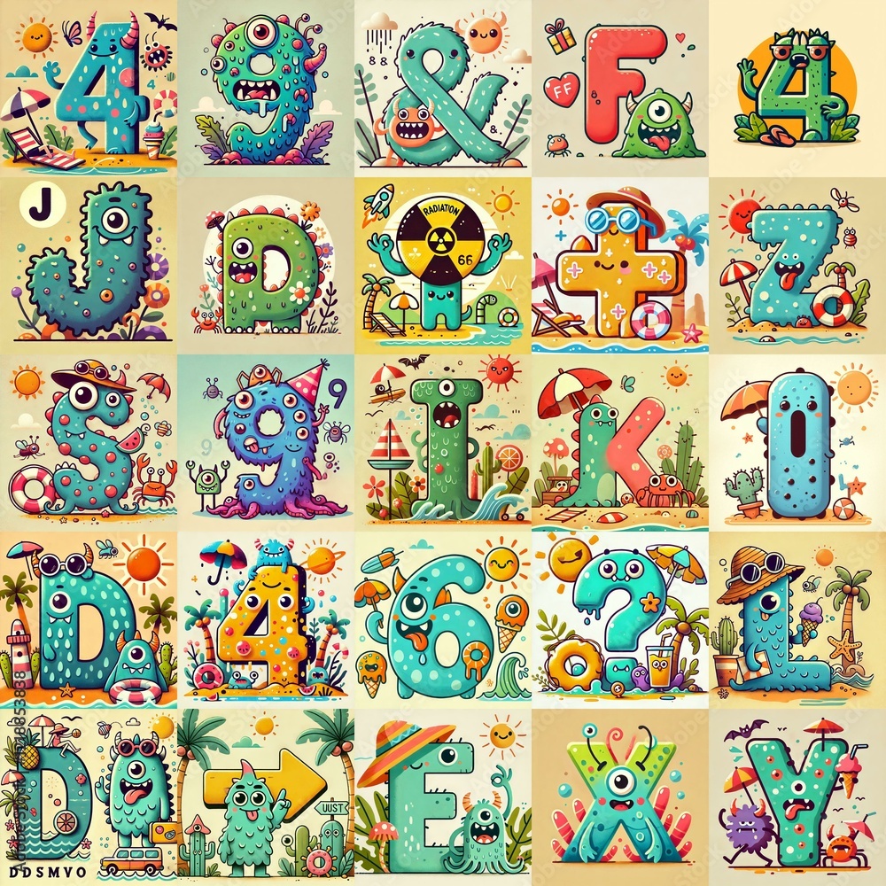 Naklejka premium Cartoon Summer season Monsters Lettering Typeface. AI generated illustration