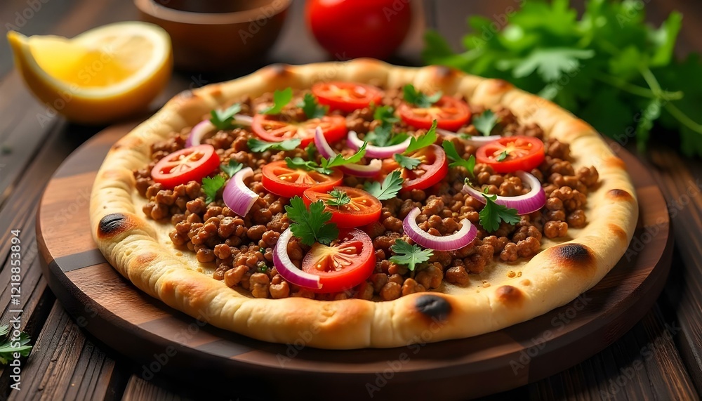 A vibrant Middle Eastern meal featuring lahmacun flatbread with spiced meat and veggies A vibrant Middle Eastern meal featuring lahmacun flatbread with spiced meat and veggies