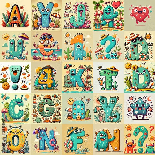 Cartoon Summer season Monsters Lettering Typeface. AI generated illustration