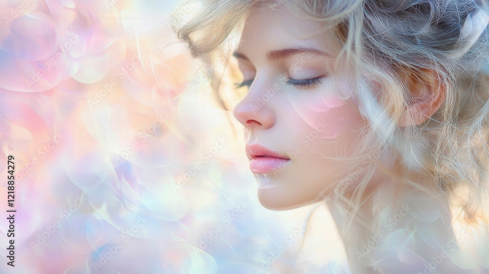 Serene Young Woman with Soft Curls and Dreamy Pastel Background Serene Young Woman with Soft Curls and Dreamy Pastel Background