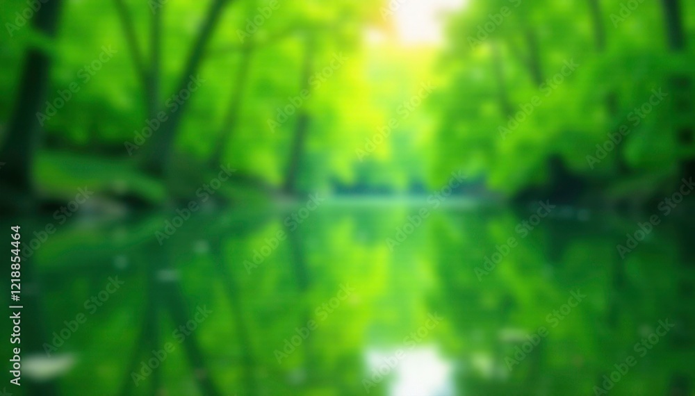 Fototapeta premium Green bokeh water scene, calm lake surface reflections, peaceful, body of water