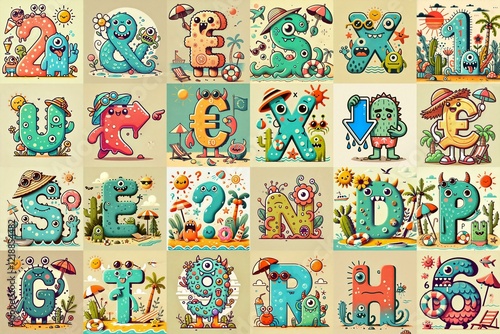 Cartoon Summer season Monsters Lettering Typeface. AI generated illustration