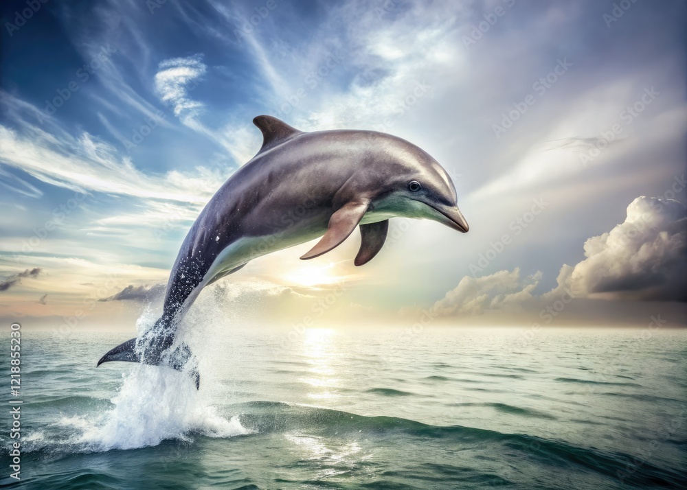 Fototapeta premium Retro gray dolphin leaps, a serene ocean moment captured in vintage aquatic photography.