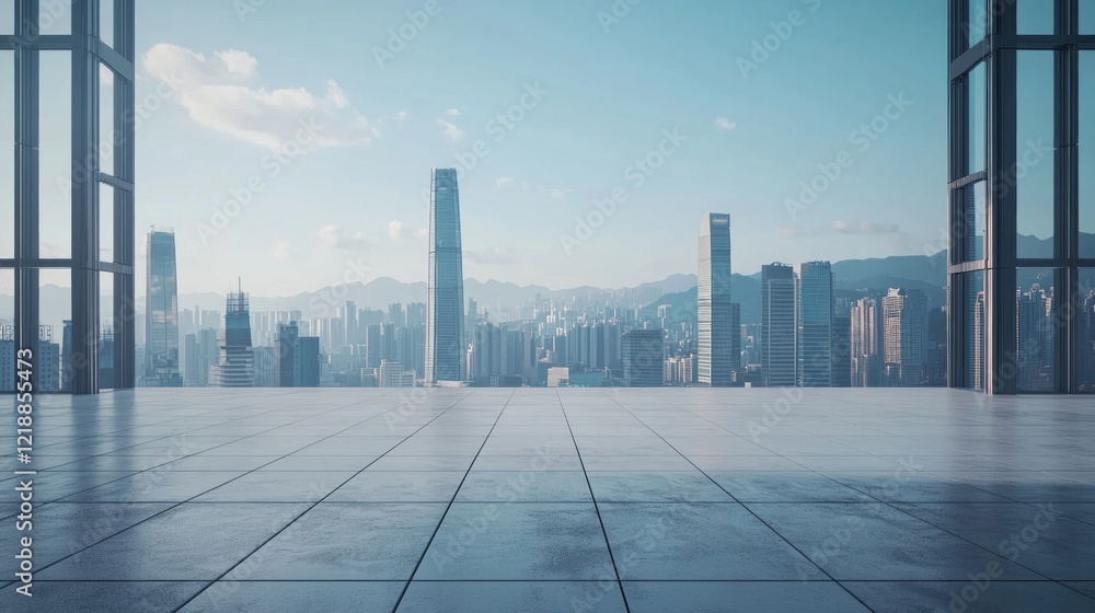Modern City Skyline View from Floor-to-Ceiling Windows Modern City Skyline View from Floor-to-Ceiling Windows