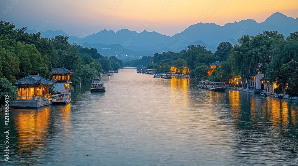 Naklejka premium Sunset canal, illuminated pavilions, mountains, China, tourism