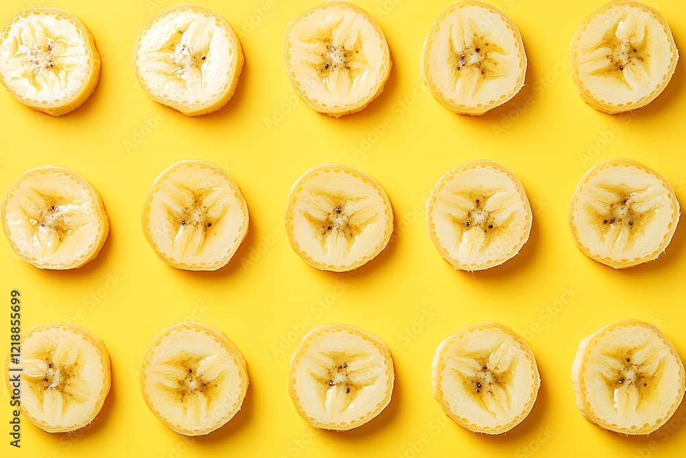 Sliced Bananas Arranged on Yellow Background Sliced Bananas Arranged on Yellow Background
