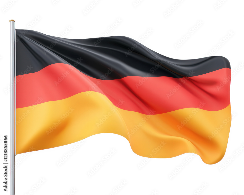 Naklejka premium German national flag waving in wind, showcasing its vibrant colors of black, red, and yellow. This symbol represents unity and pride