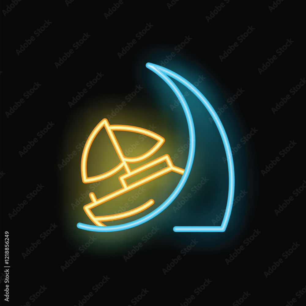 Neon sign showing a sailboat sailing inside a big wave at night, concept of adventure travel and extreme sport