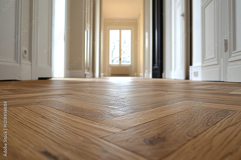 Obraz premium Polished parquet floor illuminating modern living room. Copy space.