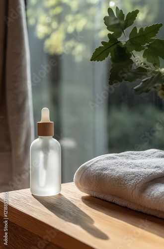 White frosted glass dropper bottle and face cream pomp bottle with bamboo lid on bathroom background for product presentation. Skincare cosmetic. Beauty concept for face and body care photo