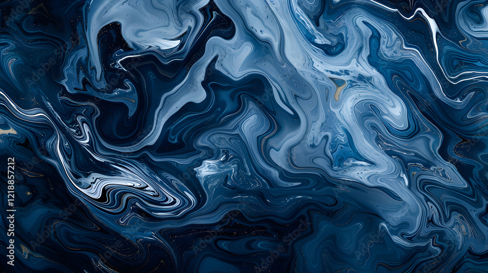 Obraz premium Blue and white abstract marbled texture with dark accents, generative ai