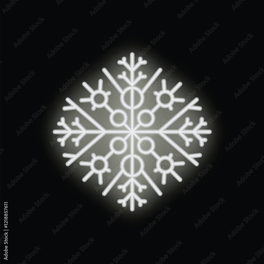 White neon snowflake is shining on a black background, evoking winter holidays White neon snowflake is shining on a black background, evoking winter holidays