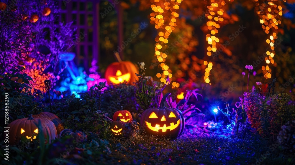 Fototapeta premium Halloween Night Garden Decorated with Jack-o'-lanterns and Lights